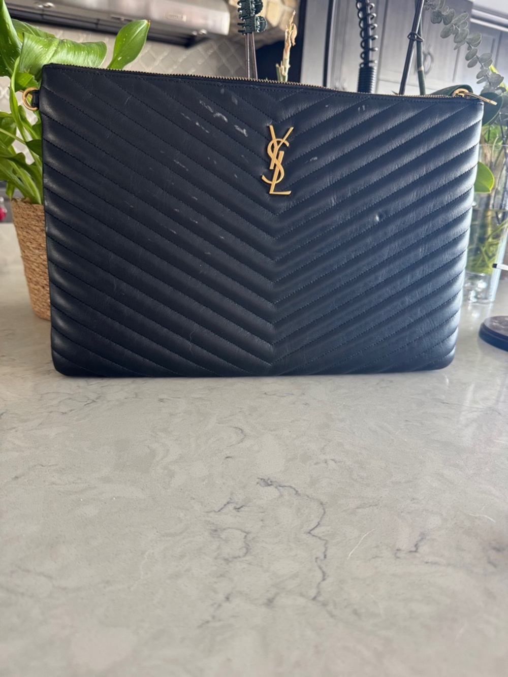Saint Laurent Black Quilted Chevron Leather Clutch with Gold YSL Logo